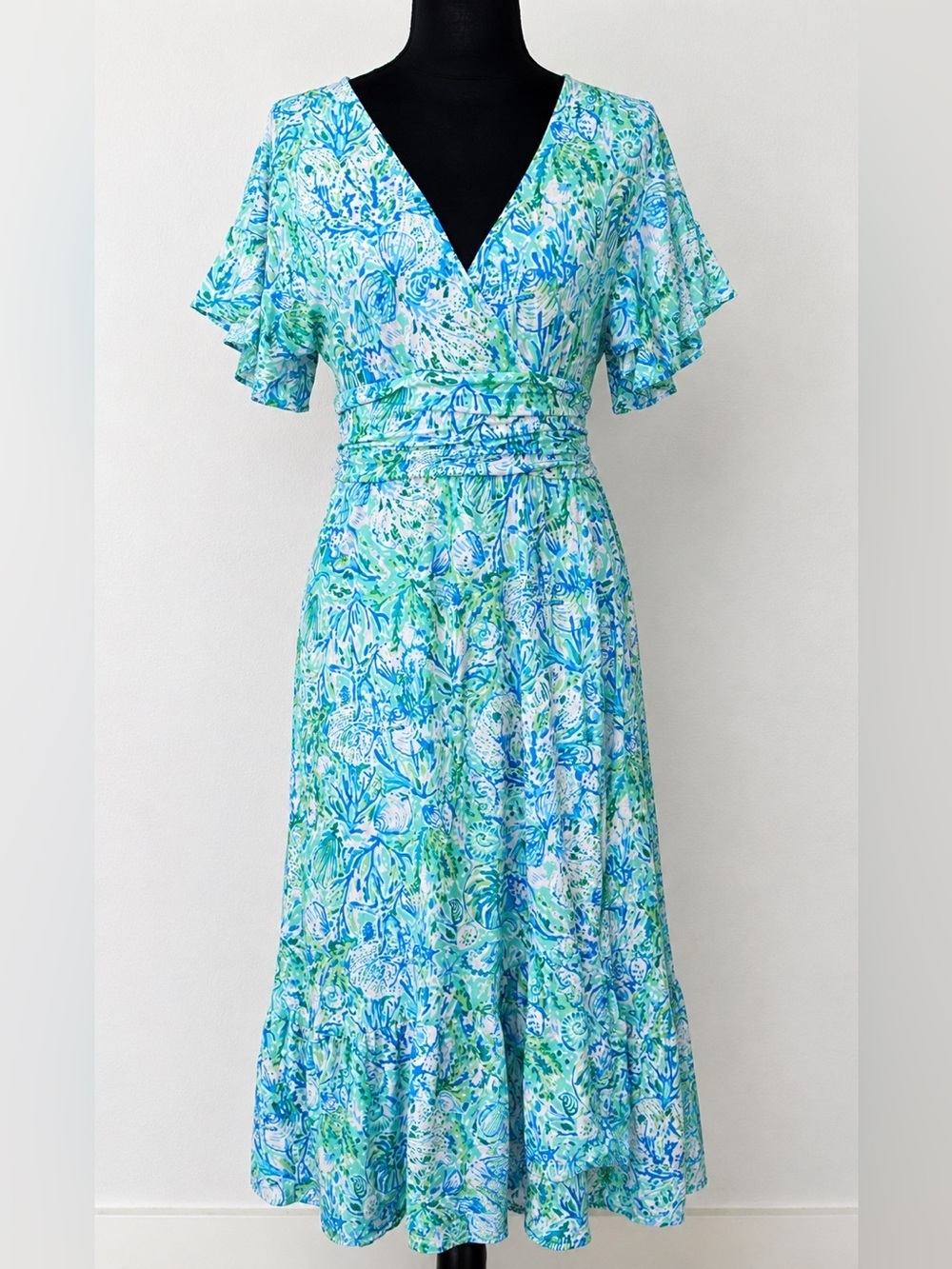 Lilly Pulitzer Midi Wrap Dress Blue Green Floral Butterfly Sleeve Smocked Waist - Picture 4 of 8
